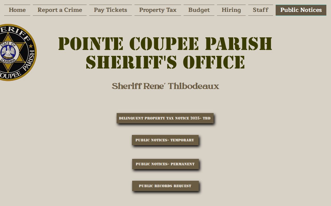 Pointe Coupee Parish Sheriff public booking records request page